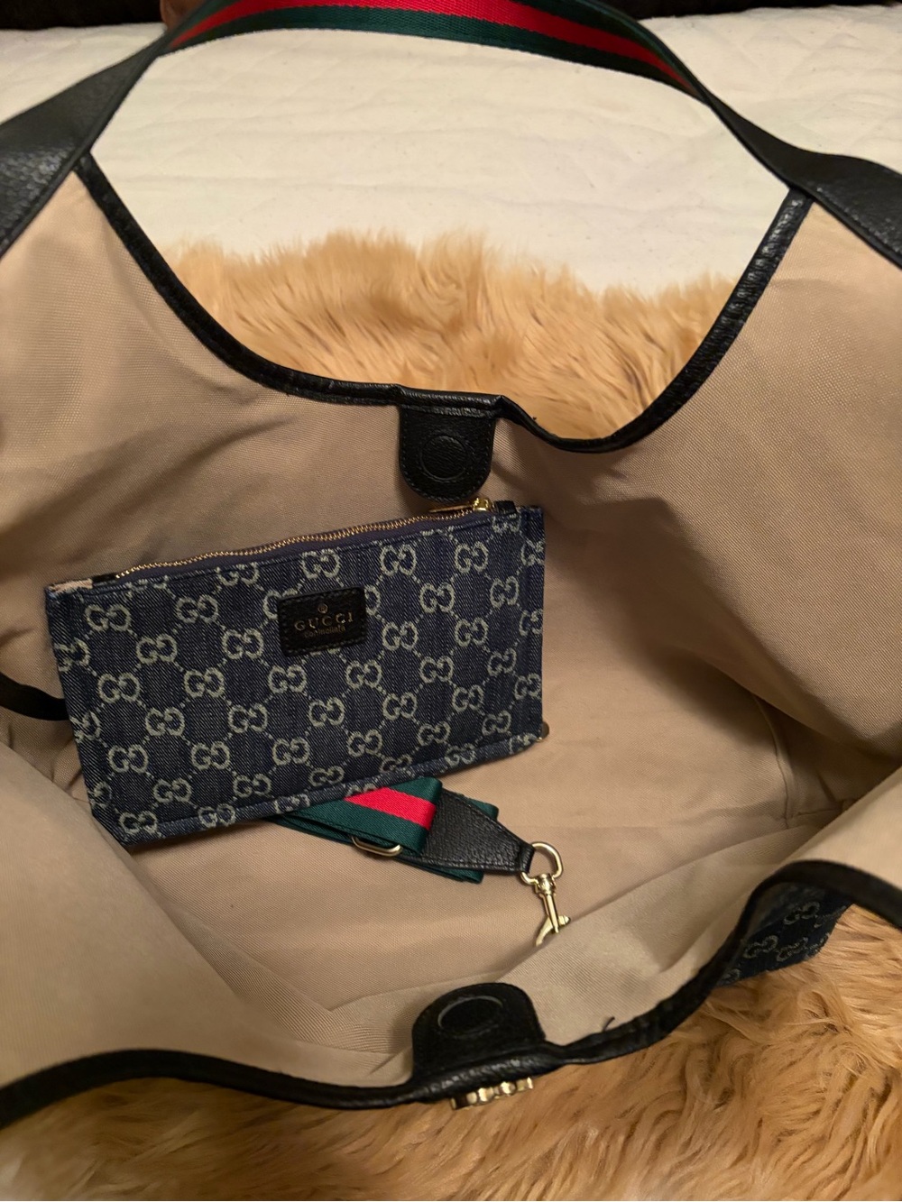 Blue Denim Canvas Shoulder Bag with Red-Green Stripe - Picture 3 of 4